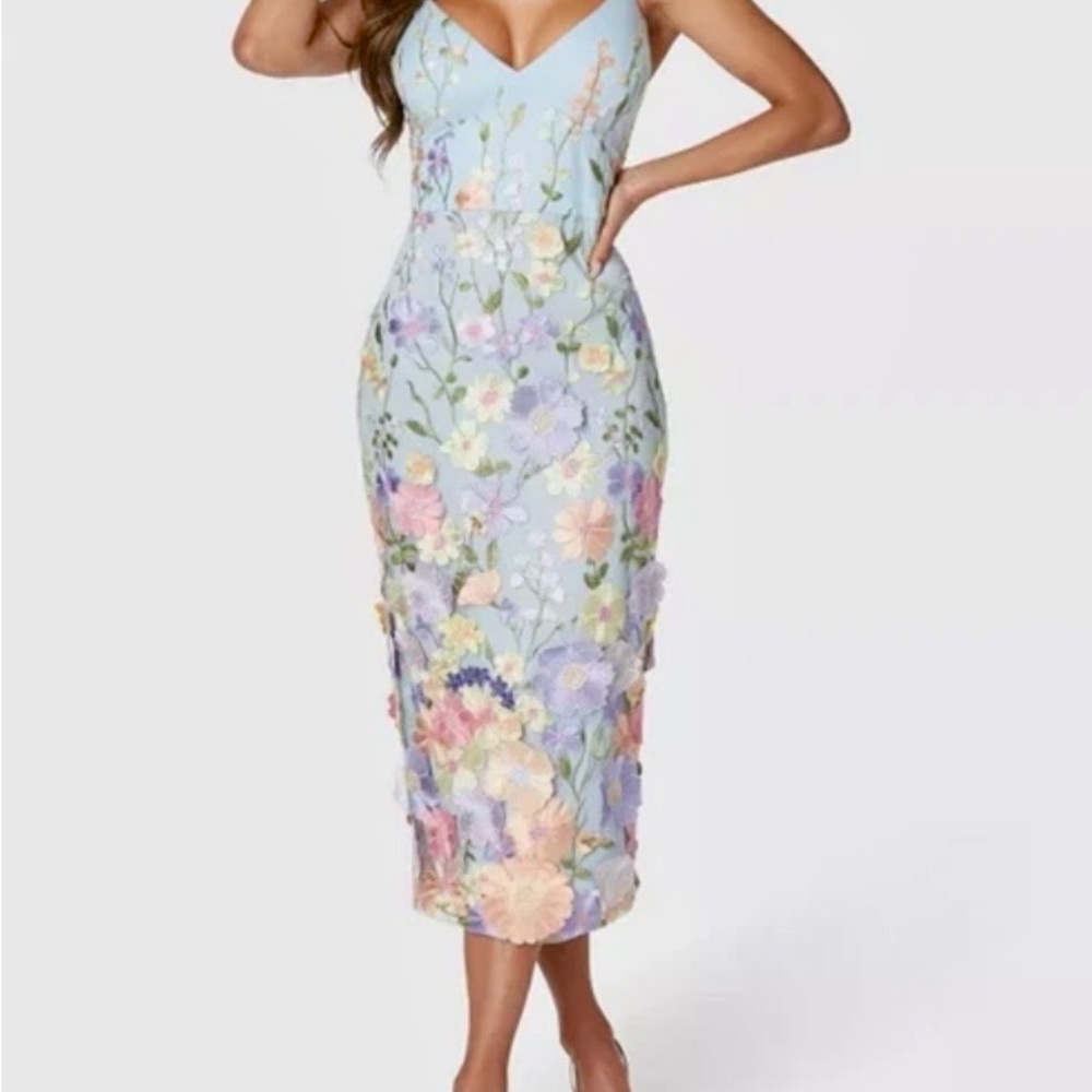 Stunning Bebe Floral Embroidered Light Blue Midi Dress